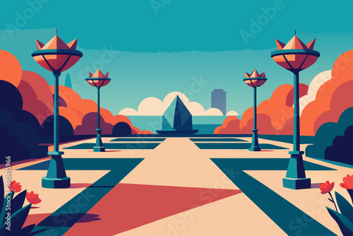 Stylized park pathway with decorative lamps and a distant cityscape