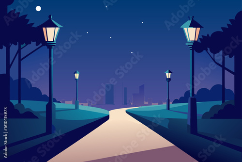 Serene nighttime park path with city skyline and streetlights