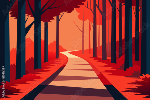 Winding path through a stylized forest with warm orange hues