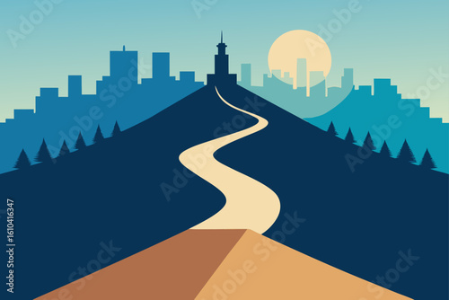 Winding path to a distant city skyline at sunset