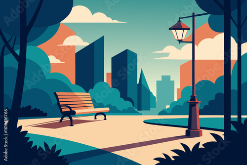 Urban park scene with bench and streetlight