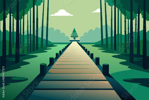 Serene pathway through a lush green forest to a distant sanctuary