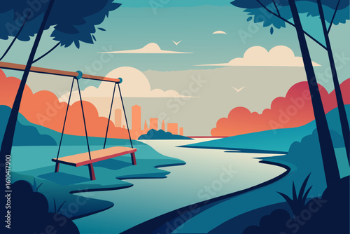 Serene riverside swing overlooking a distant cityscape
