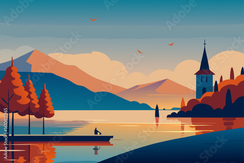 Serene lakeside landscape with mountains and a distant village