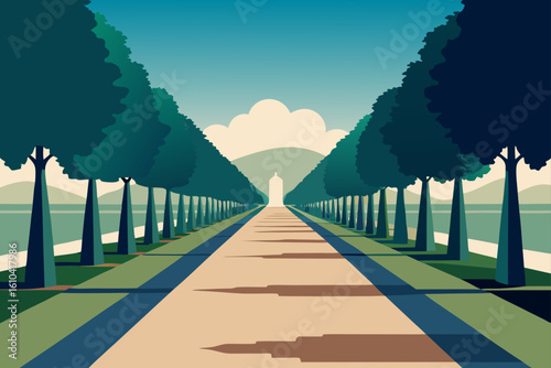Avenue of trees leading to a distant monument under a cloudy sky