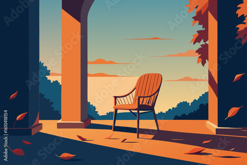 Empty chair on a porch overlooking a sunset with falling leaves