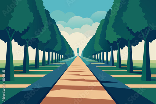 A symmetrical tree lined path leading to a distant solitary tree under a cloudy sky