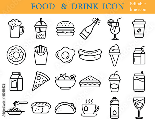 A diverse collection of editable line icons representing various food and drink items