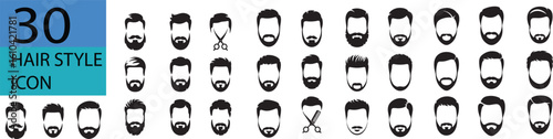Collection of thirty different male hairstyle and beard style icons in black and white color scheme