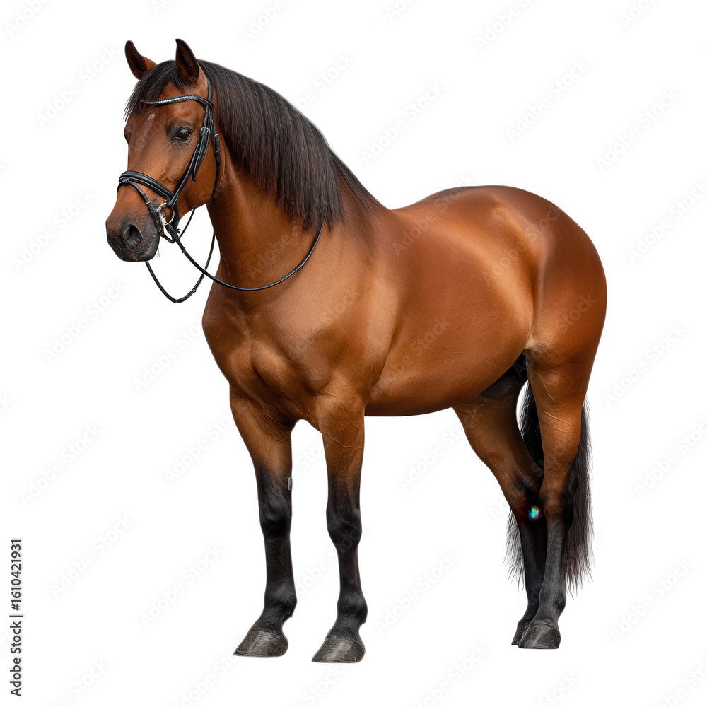 Obraz premium A stunning brown horse with a bridle stands proudly, isolated on a transparent background, its muscular build highlighted in the studio