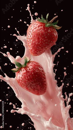 two strawberry into thick creamy pink vertical creamy splash black background