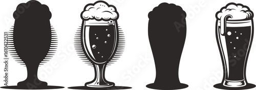 Monochrome Collection of Beer Glasses Featuring Refreshing Foam and Bubbles for Festive Occasions Celebrations and Refreshments