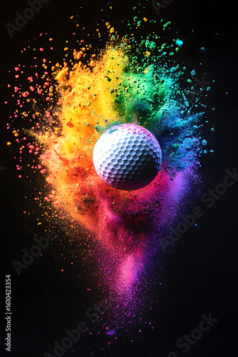 Vibrant explosion of colored powder surrounding a golf ball against a black background