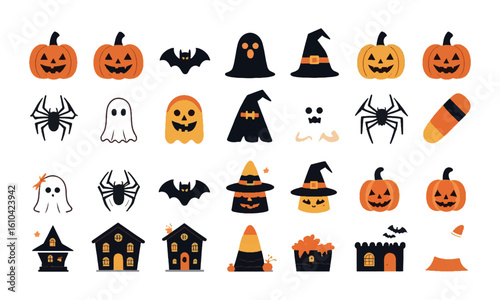 Modern vector illustrator icons represent Halloween-related items. The icons represent Halloween-related items, such as pumpkins, ghosts, witches, bats, skulls, and haunted houses, easily editable.