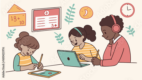 Illustration of kids learning together online study group homework help remote education homeschool resources