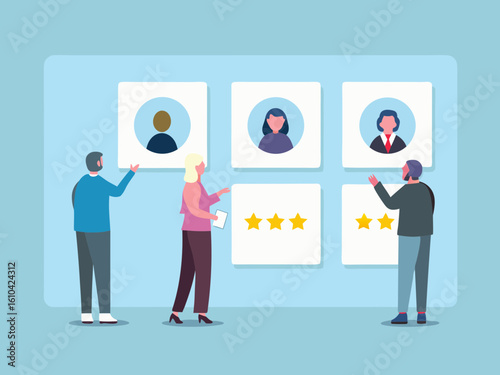 Team members review candidate profiles and ratings for a job opening