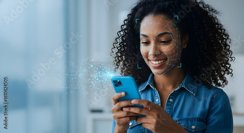 Smiling Woman Using Facial Recognition Technology on Smartphone in Blue Tinted Background with Dots and Lines