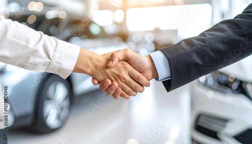 Close-up of a handshake between two people in a car showroom