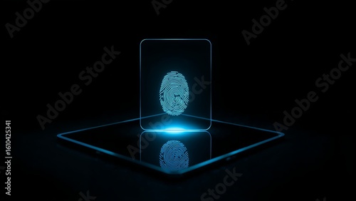 Glowing fingerprint on sleek glass screen under hacker-blue lighting, ultra-HD, dark gradient backdrop. Symbolic of digital access breach, perfect for cybersecurity visuals and tech articles.