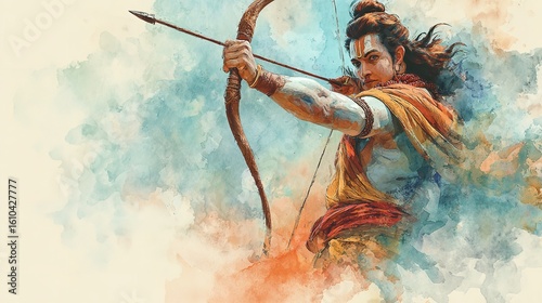 Lord rama hindu god warrior with bow and arrow watercolor painting hinduism indian mythology divine avatar art