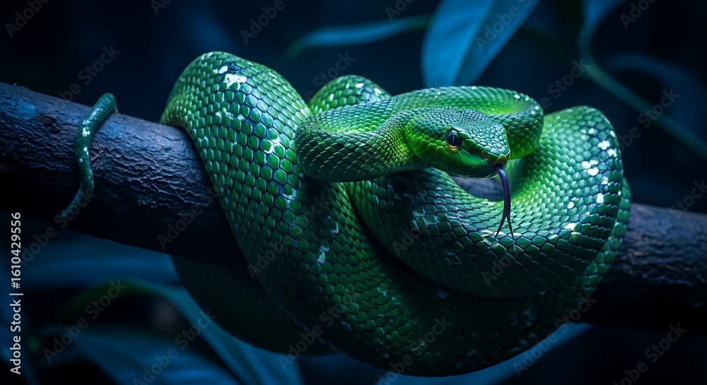 Fototapeta premium Stunning Green Pit Viper Coiled on a Dark Branch in a Lush Forest