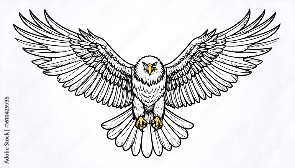 Obraz premium Detailed line drawing of a bald eagle in flight, wings outstretched
