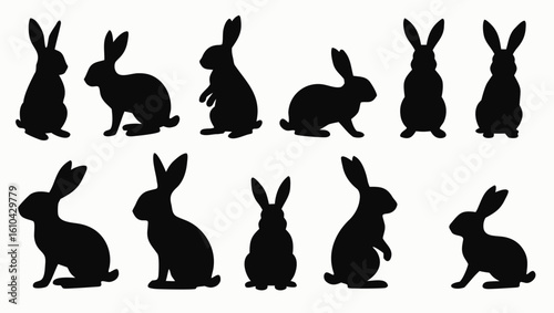 Black rabbit silhouettes in various poses bunny animal
