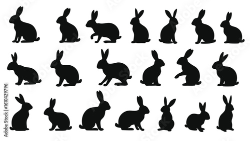 Black rabbit silhouettes in various poses bunny animal