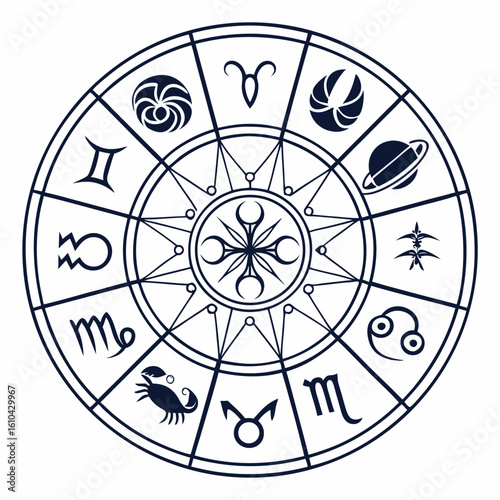 Intricate circular zodiac wheel displaying astrological symbols and celestial elements against a clean white background