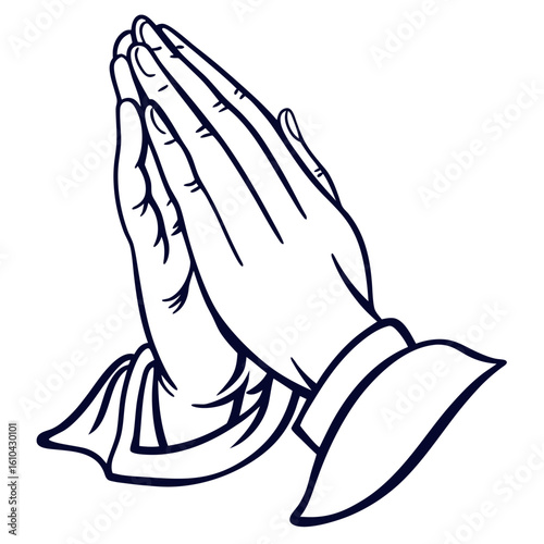 A simple line drawing of two hands clasped together in prayer symbolizing faith and devotion