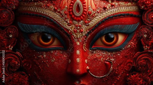 Red goddess kali hindu deity face eyes ornaments intricate details divine power spiritual art portrait