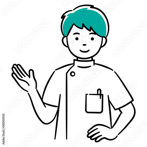 Simple illustration of a young male medical professional giving directions