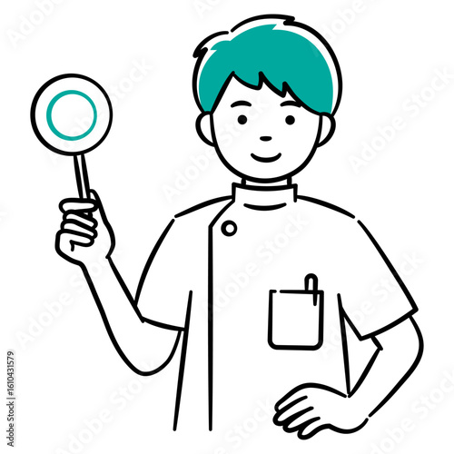 Simple illustration of a young male medical professional holding the correct tag.