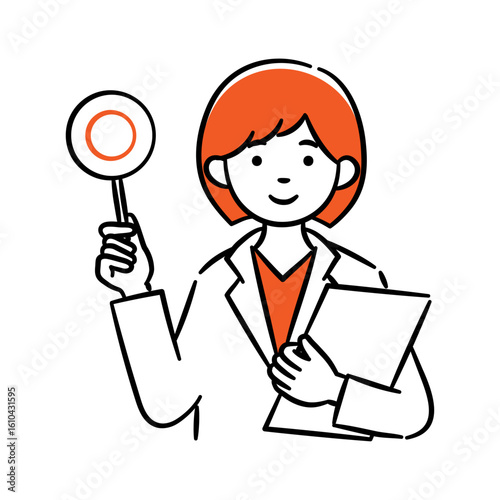 Simple illustration of a young female medical professional holding an correct tag.