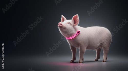 A contented miniature pig wears a bright luminous pink tech collar.