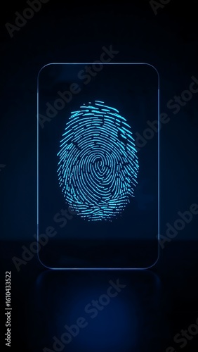 Glowing fingerprint on sleek glass screen under hacker-blue lighting, ultra-HD, dark gradient backdrop. Symbolic of digital access breach, perfect for cybersecurity visuals and tech articles.
