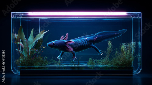 A glowing axolotl swims in a futuristic smart aquarium with neon light