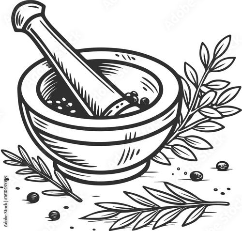 Vintage Mortar and Pestle with Herbs and Peppercorns – Hand Drawn Herbal Medicine Illustration