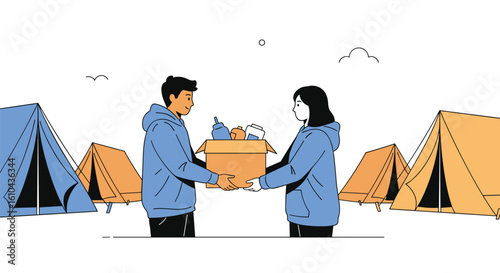 People handing donation box between tents during outdoor humanitarian aid event supporting homeless community needs