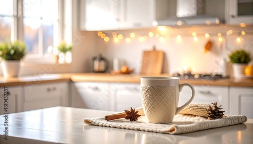 Cozy kitchen scene with warm lighting, a mug of tea, and autumnal decorations on a table