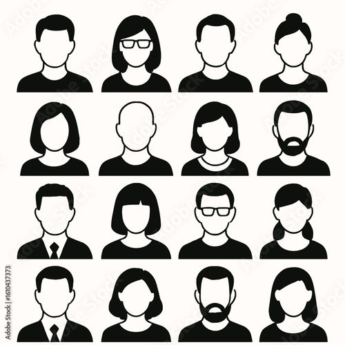 Minimalist Black and White Avatar Icons – Silhouette Vector People Collection