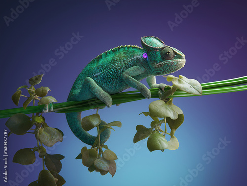 A futuristic chameleon gripping a glowing, eco-friendly green vine.