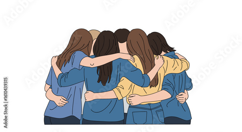 A diverse group of friends embraces warmly in a tender circle of support and unity celebrating their bonds