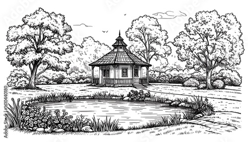 Ink drawing of a tranquil garden with a pond and traditional pavilion scene