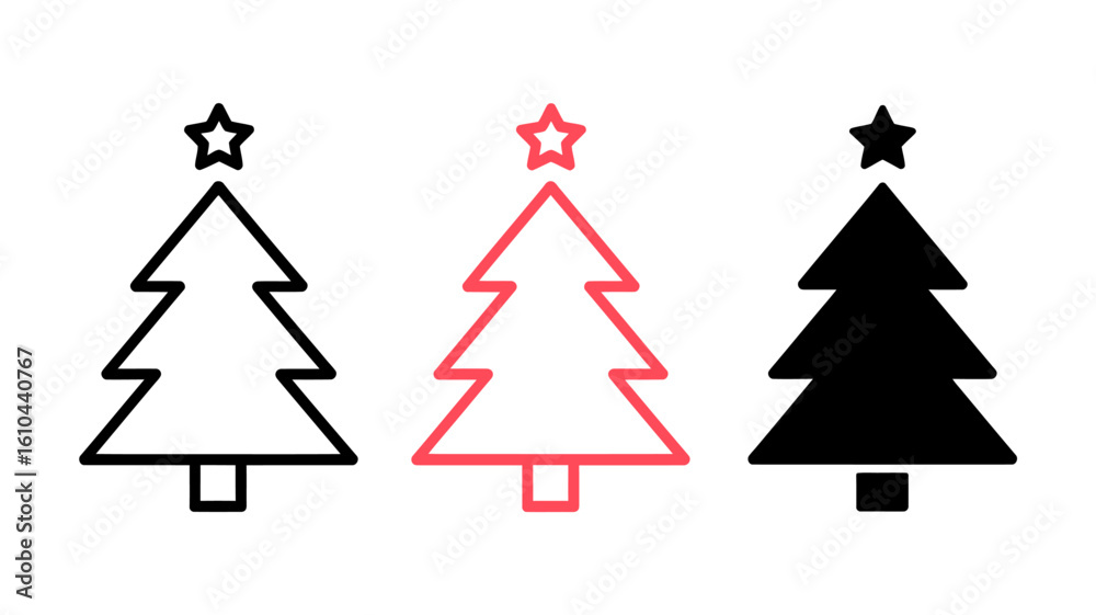 Fototapeta premium Vector Art of a Simple Christmas Tree Icons: Black, Red Outline, and White Line Art Designs.