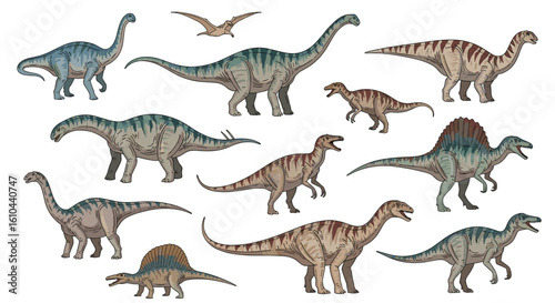A diverse collection of prehistoric reptiles roaming ancient landscapes together