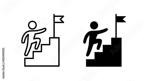 Vector Art of a Simple Line Art and Solid Black Icon: Person Climbing Stairs to Success Flag