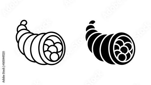 Thanksgiving Cornucopia Icon:  Outline and Solid Black Vector Graphics for Autumn Harvest Designs.