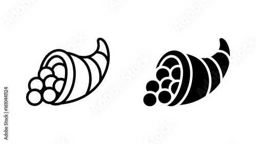 Thanksgiving Cornucopia Icons: Outline and Solid Black Vector Graphics for Autumn Harvest Designs
