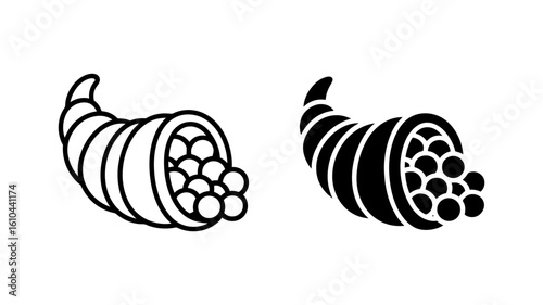 Thanksgiving Cornucopia Icon: Outline and Solid Vector Graphics for Autumn Harvest Designs